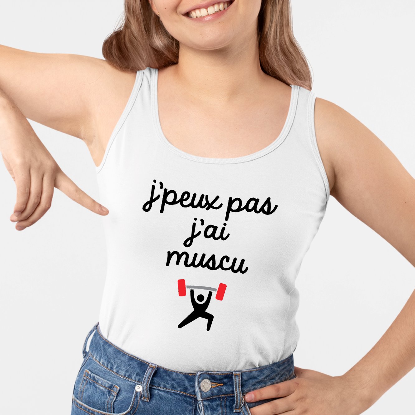 Débardeur Femme J'peux pas j'ai muscu Blanc