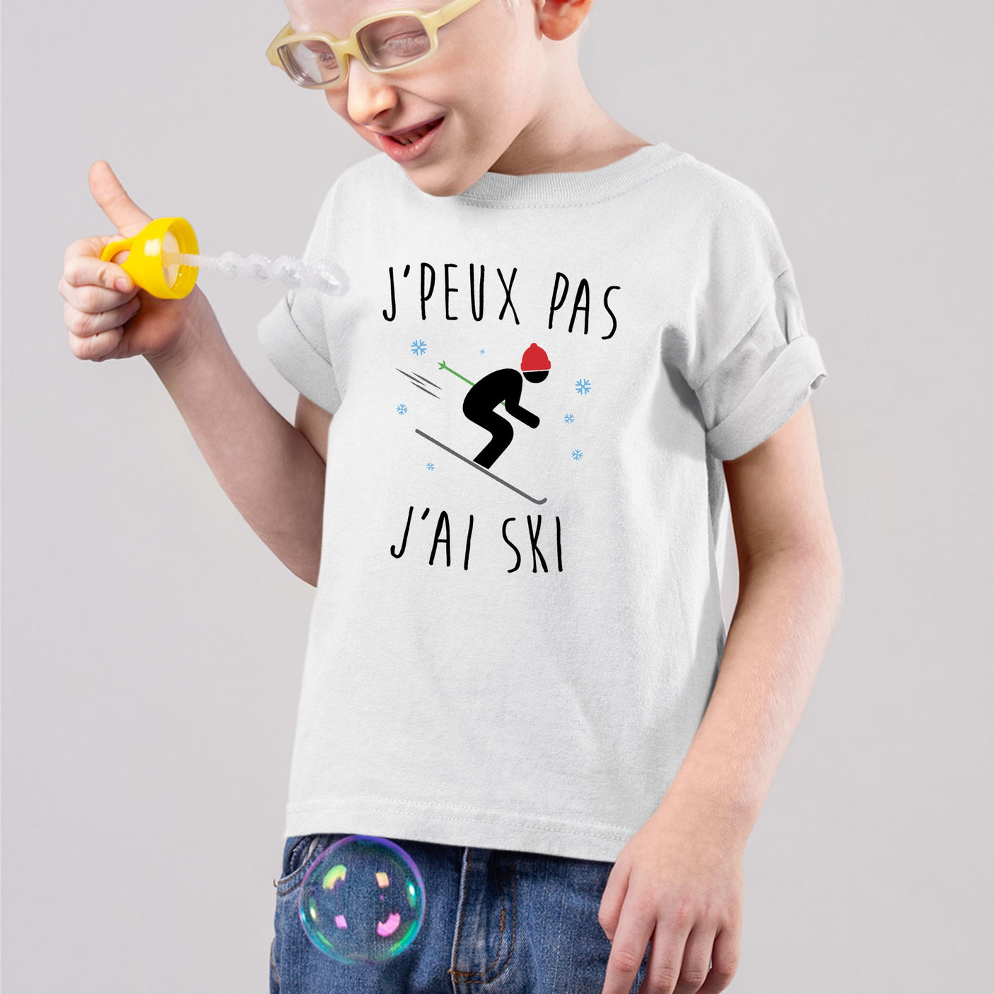 T-Shirt Enfant J'peux pas j'ai ski Blanc
