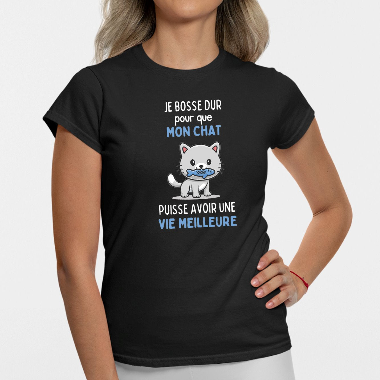 T-Shirt Femme Je bosse dur pour mon chat Noir