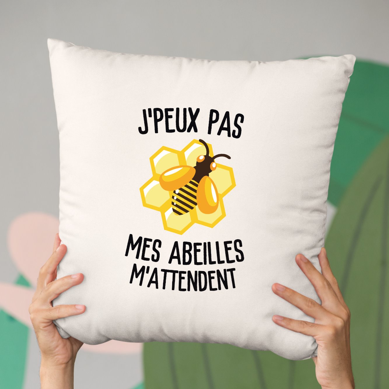 Coussin J'peux pas mes abeilles m'attendent Beige