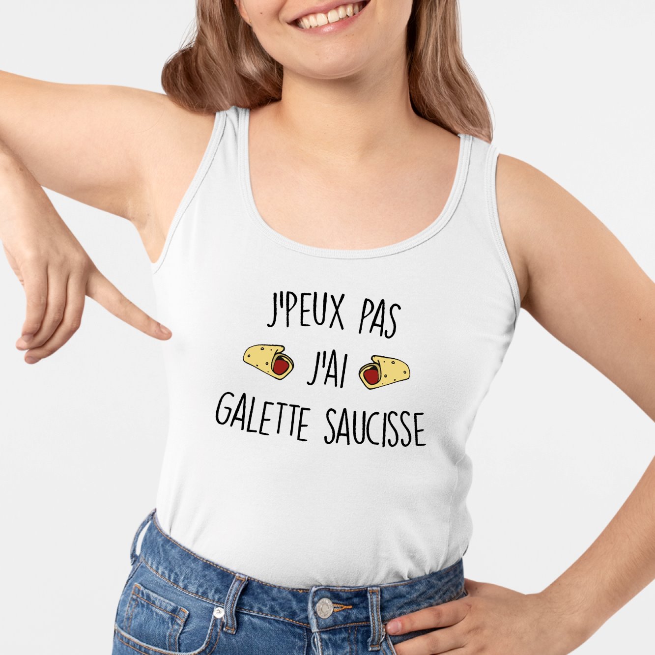 Débardeur Femme J'peux pas j'ai galette saucisse Blanc