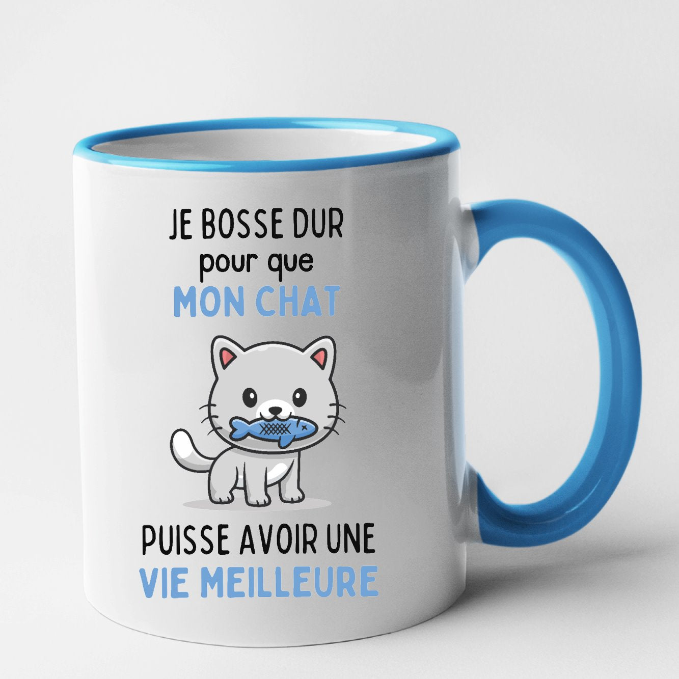 Mug Je bosse dur pour mon chat Bleu