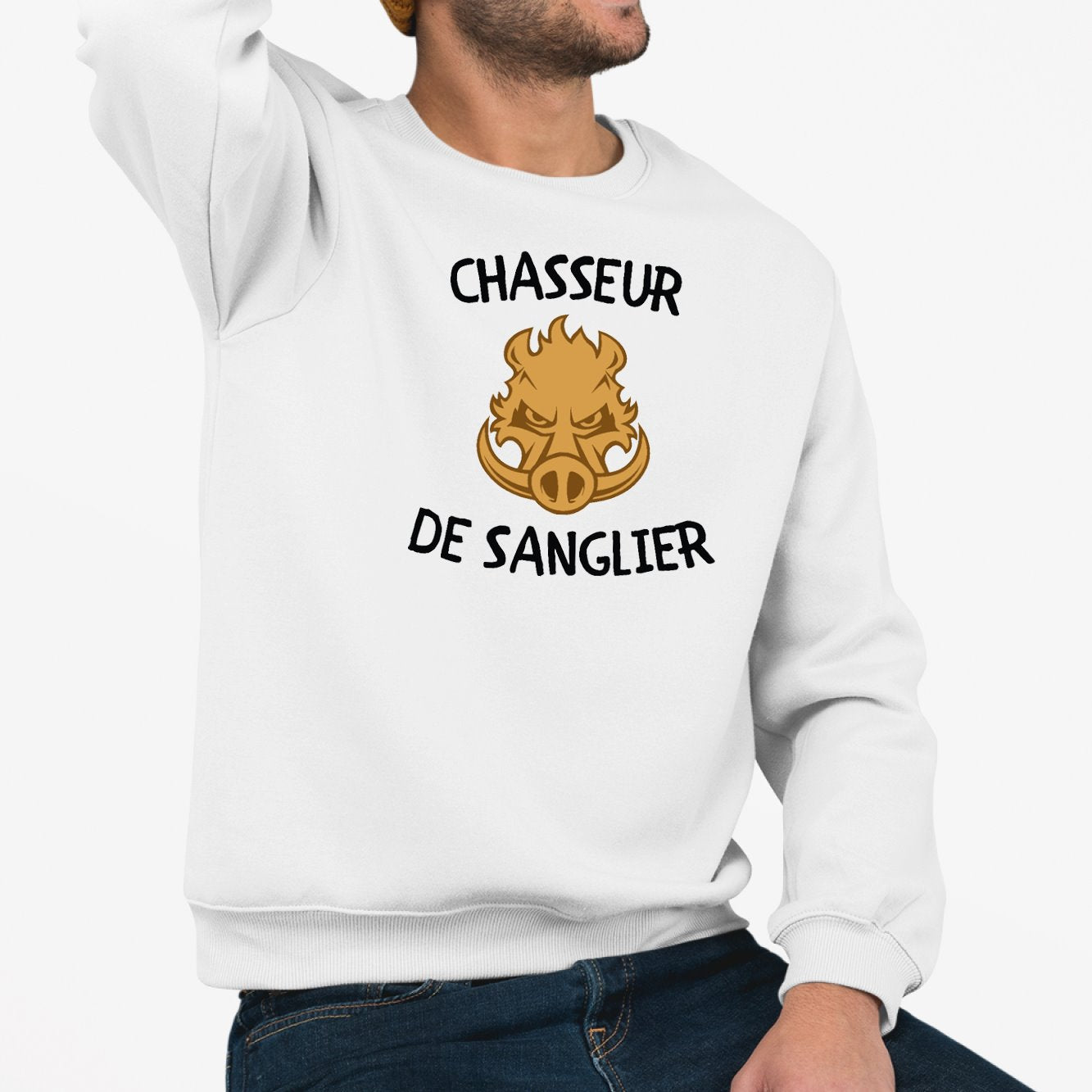 Sweat Adulte Chasseur de sanglier Blanc