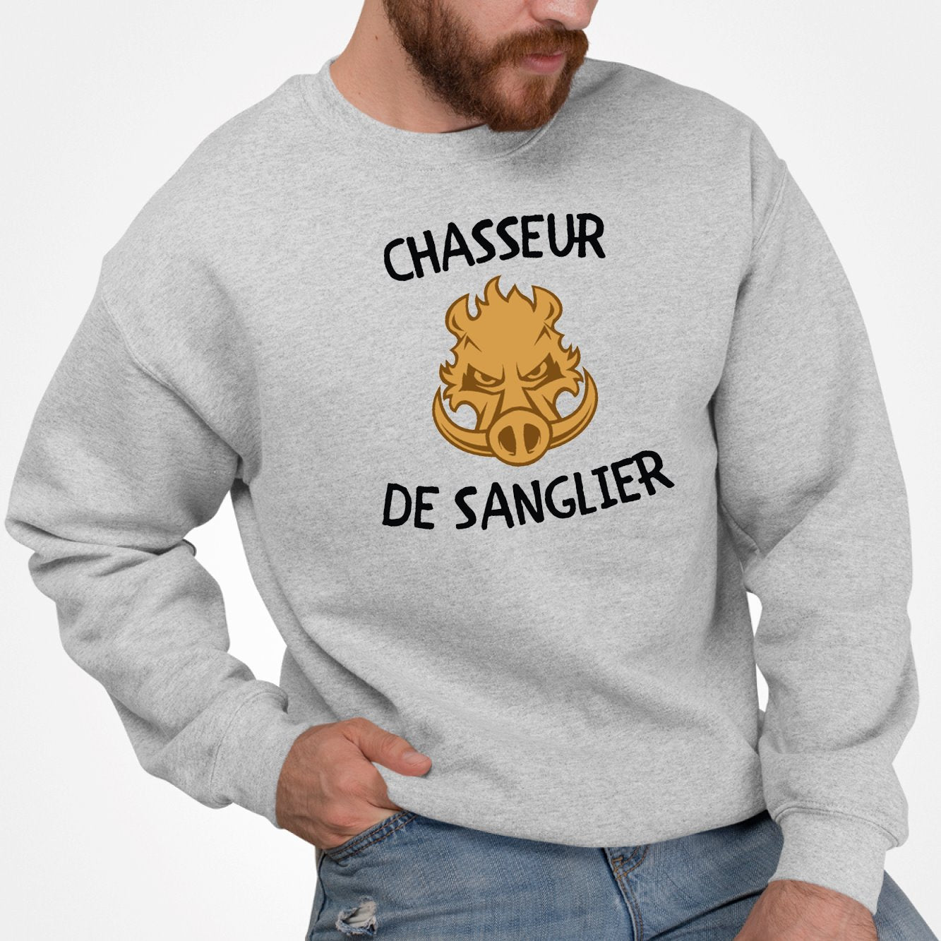 Sweat Adulte Chasseur de sanglier Gris