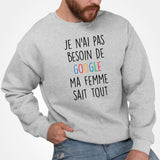 Sweat Adulte Je n'ai pas besoin de Google Gris