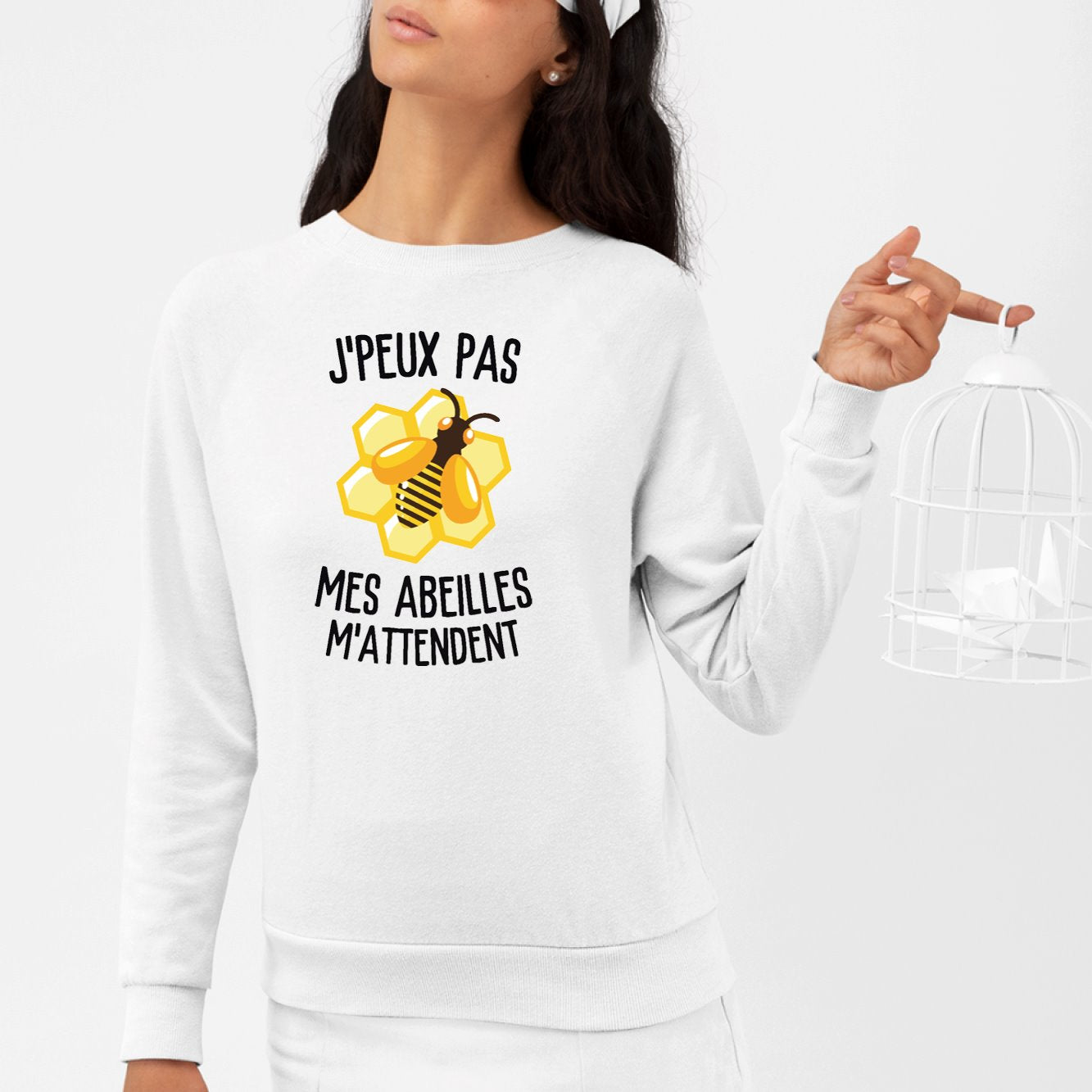 Sweat Adulte J'peux pas mes abeilles m'attendent Blanc