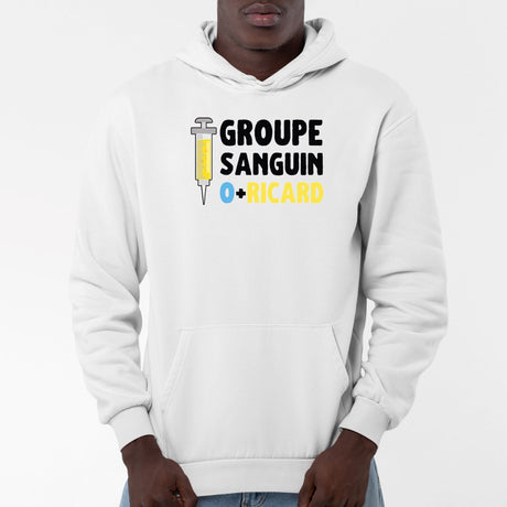 Sweat Capuche Adulte Groupe sanguin O + Ricard Blanc