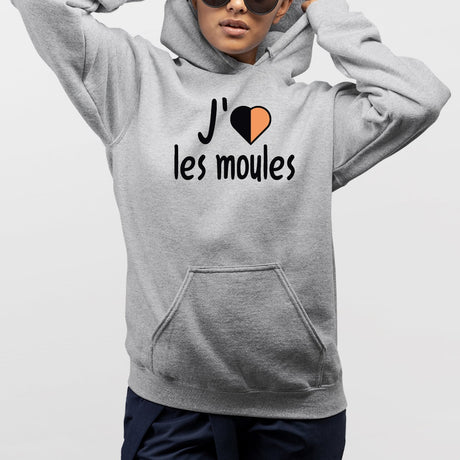 Sweat Capuche Adulte J'aime les moules Gris