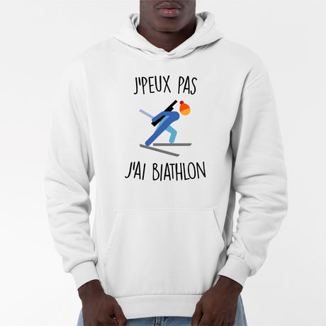 Sweat Capuche Adulte J'peux pas j'ai biathlon Blanc