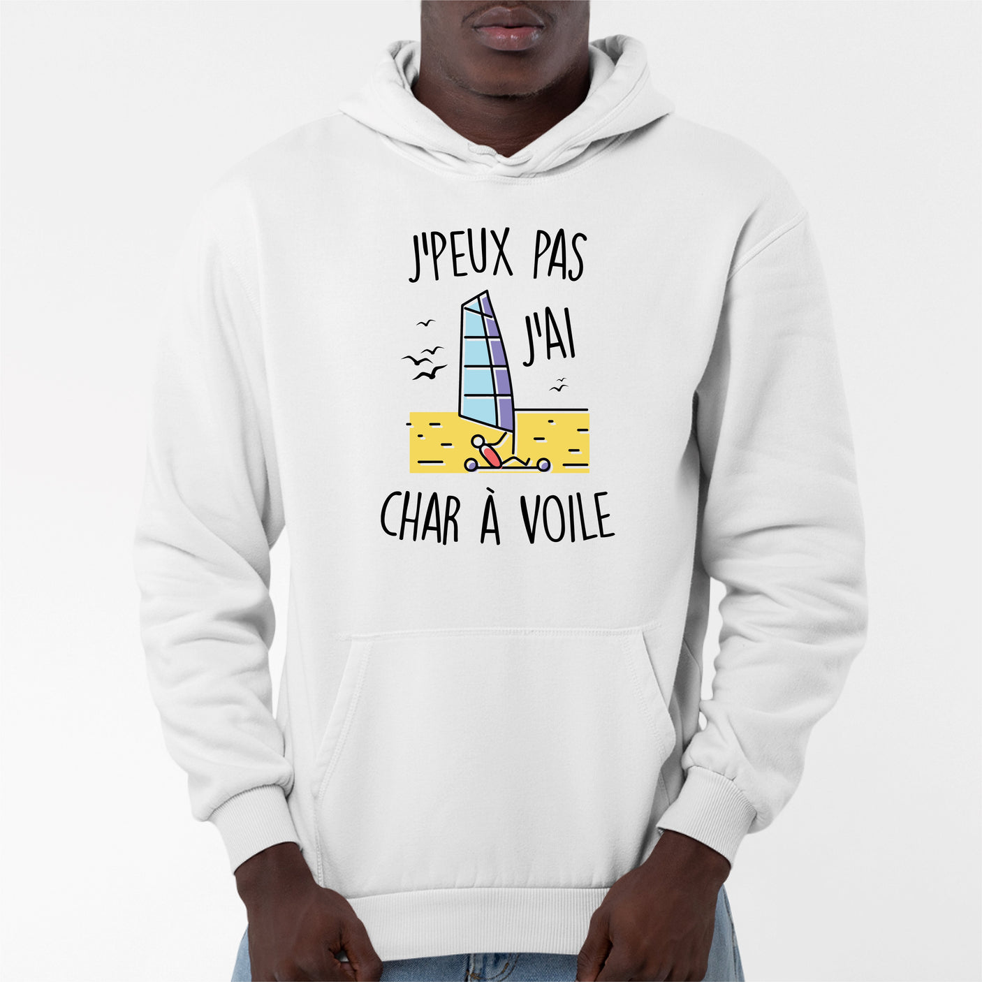 Sweat Capuche Adulte J'peux pas j'ai char à voile Blanc