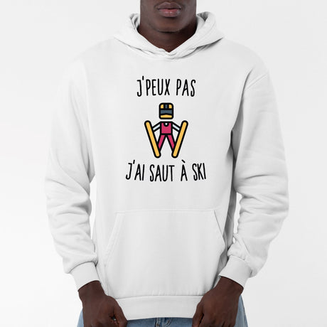 Sweat Capuche Adulte J'peux pas j'ai saut à ski Blanc