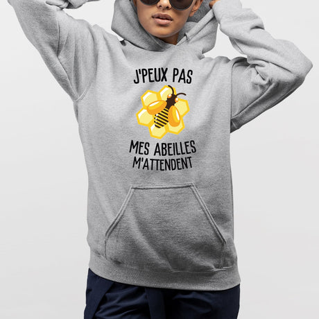 Sweat Capuche Adulte J'peux pas mes abeilles m'attendent Gris