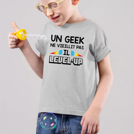 T-Shirt Enfant Geek level-up Gris