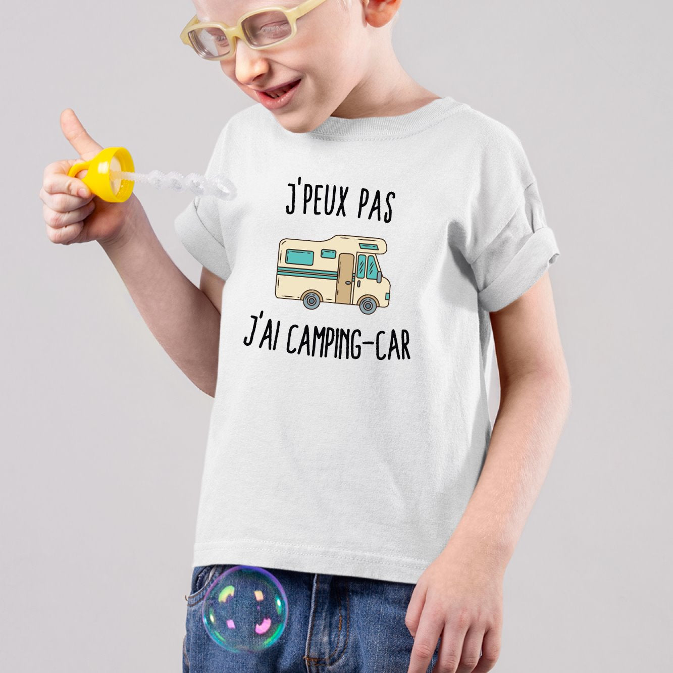 T-Shirt Enfant J'peux pas j'ai camping-car Blanc