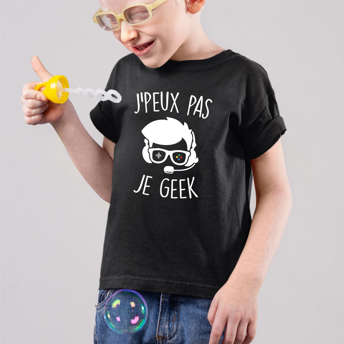 T-Shirt Enfant J'peux pas je geek Noir