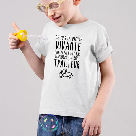 T-Shirt Enfant Preuve que papa n'est pas toujours sur son tracteur Blanc