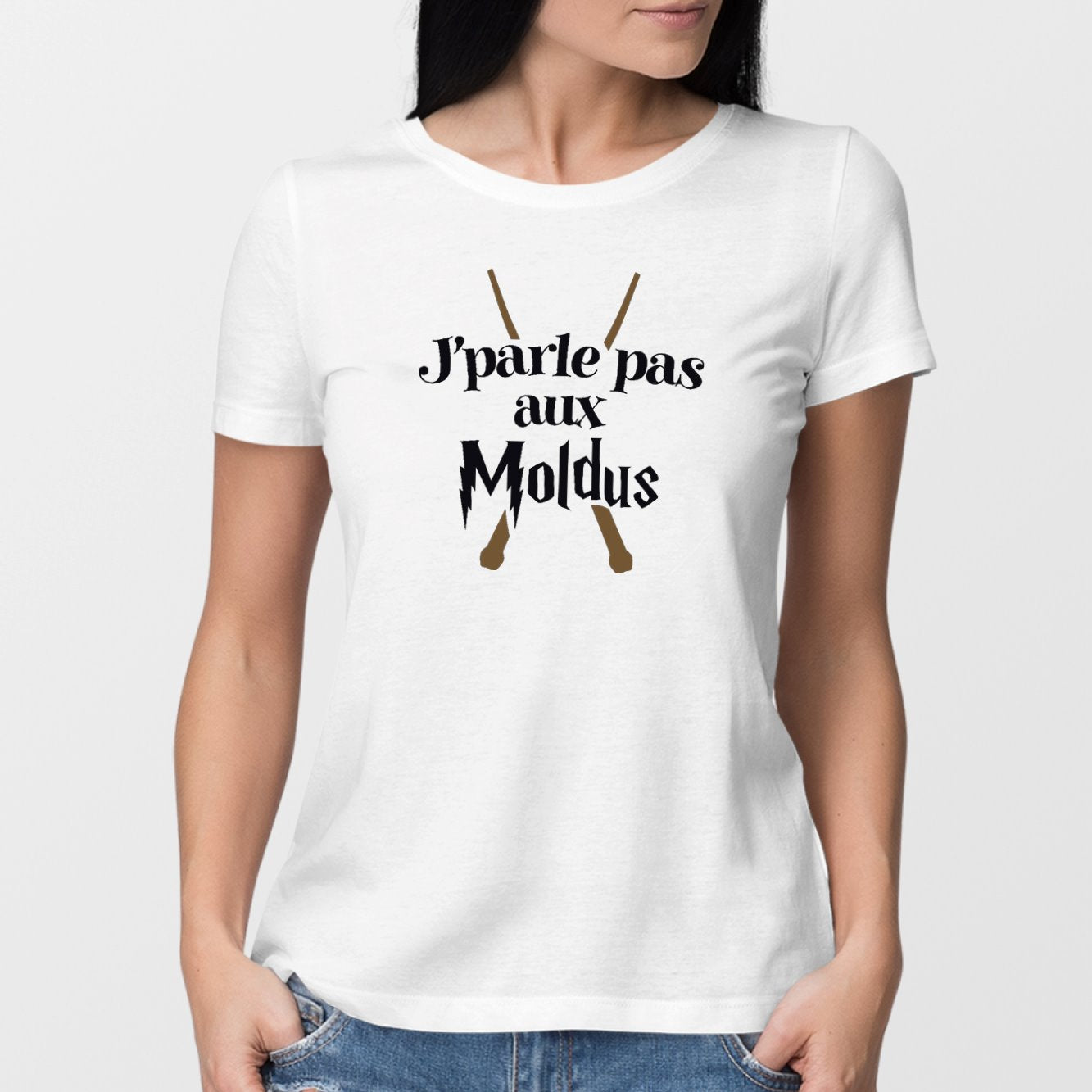 T-Shirt Femme J'parle pas aux Moldus Blanc