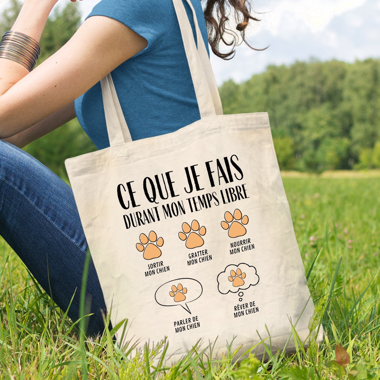 Tote bag Ce que je fais durant mon temps libre Chien Blanc