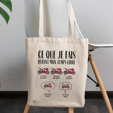 Tote bag Ce que je fais durant mon temps libre Moto Blanc