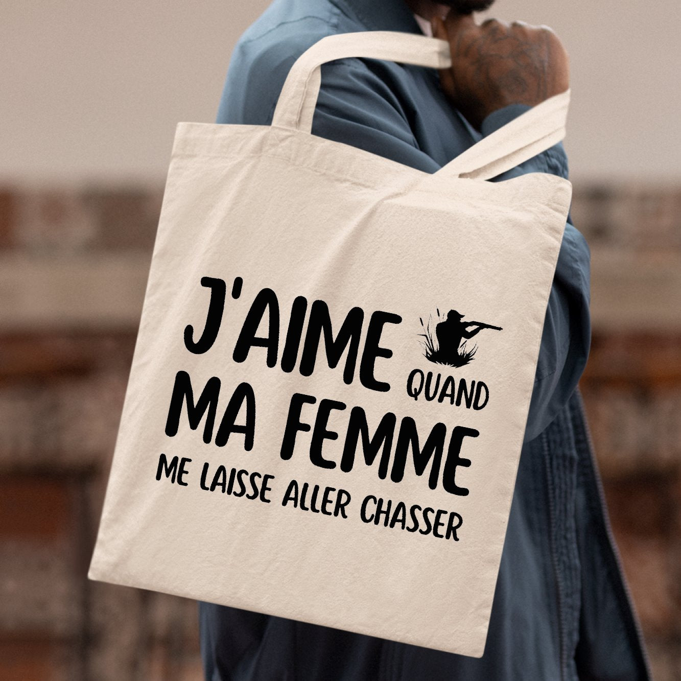 Tote bag J'aime quand ma femme me laisse aller chasser Blanc