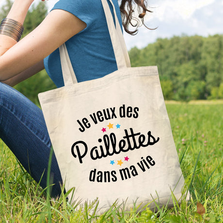 Tote bag Je veux des paillettes dans ma vie Blanc