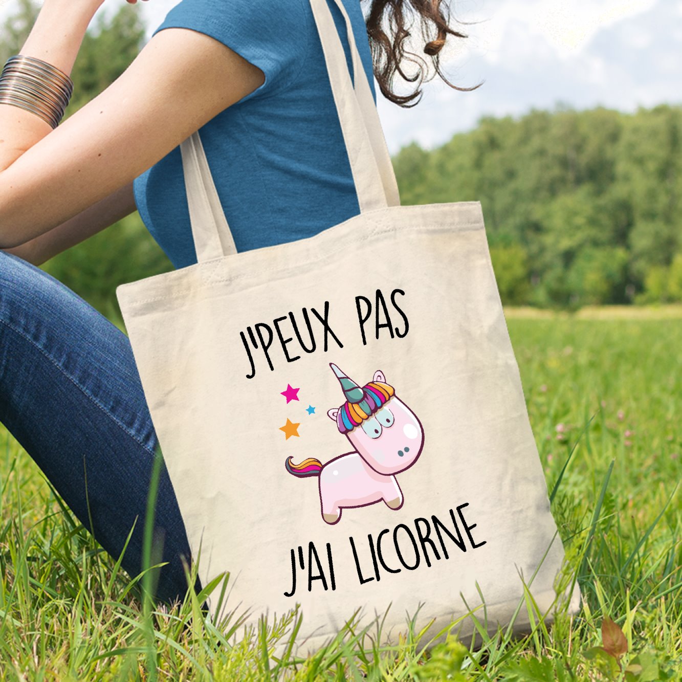 Tote bag J'peux pas j'ai licorne Beige