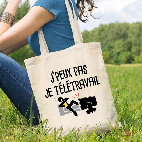 Tote bag J'peux pas je télétravail Beige