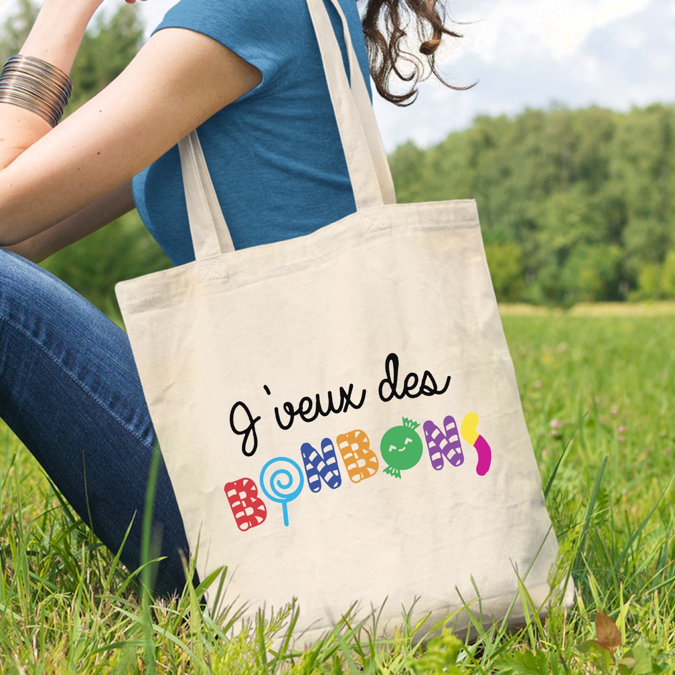 Tote bag J'veux des bonbons Beige